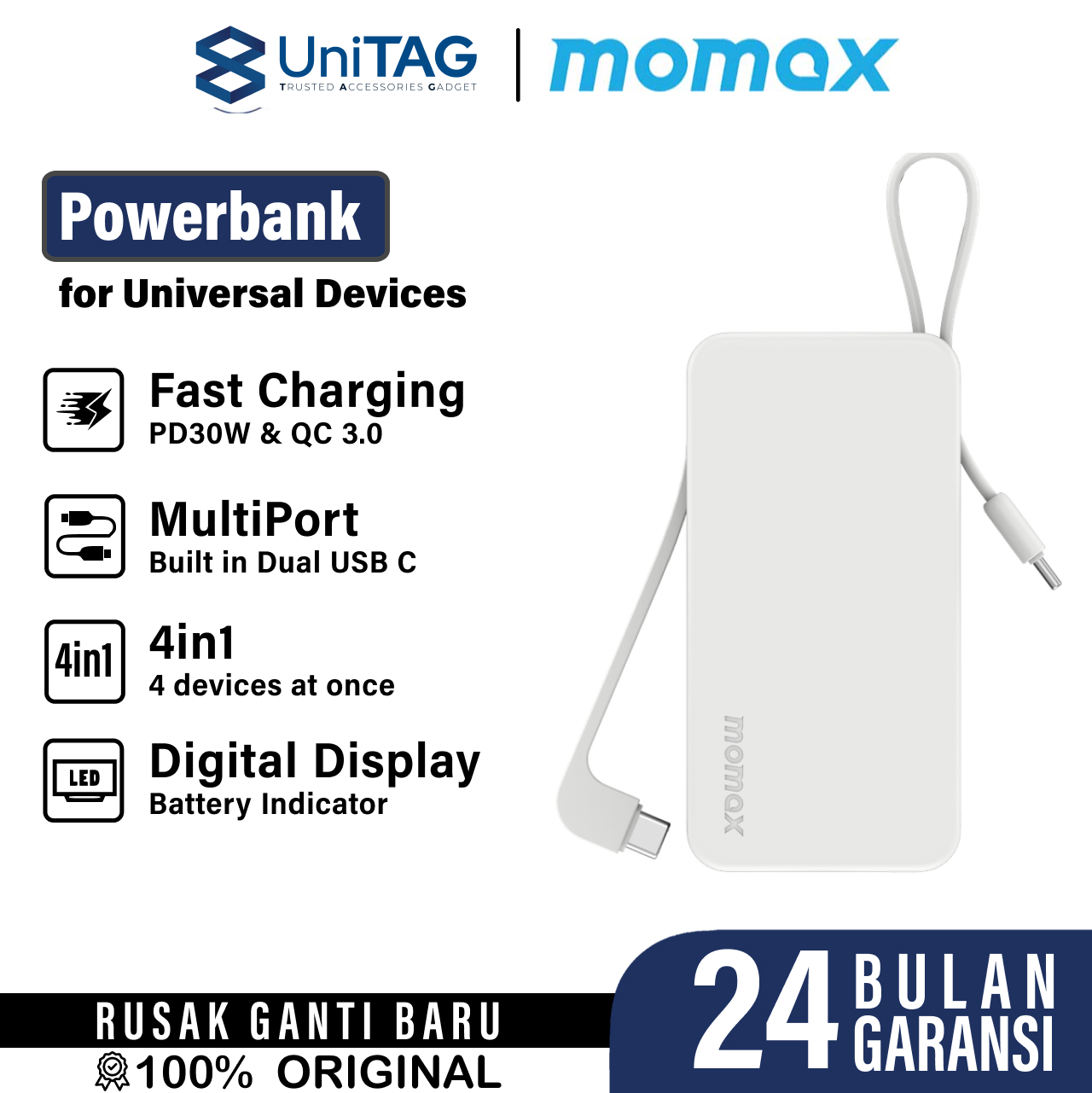 Momax Powerbank Dual Built-in USB C Cable 20000mAh 1-Power Vital+ - White IP139W