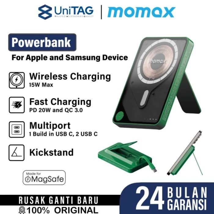 Momax Powerbank Magsafe Stand Built in Kabel Charger USB C 5000mAh 1-Power X Pro - Green IP131HKGKD