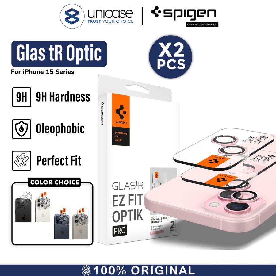 Spigen iPhone 15 / 15 Plus / 14 / 14 Plus Camera Lens Protector Camera Ring with Tray 2 Pack GlastR EZ Fit Optik Pro - Pink AGL07167