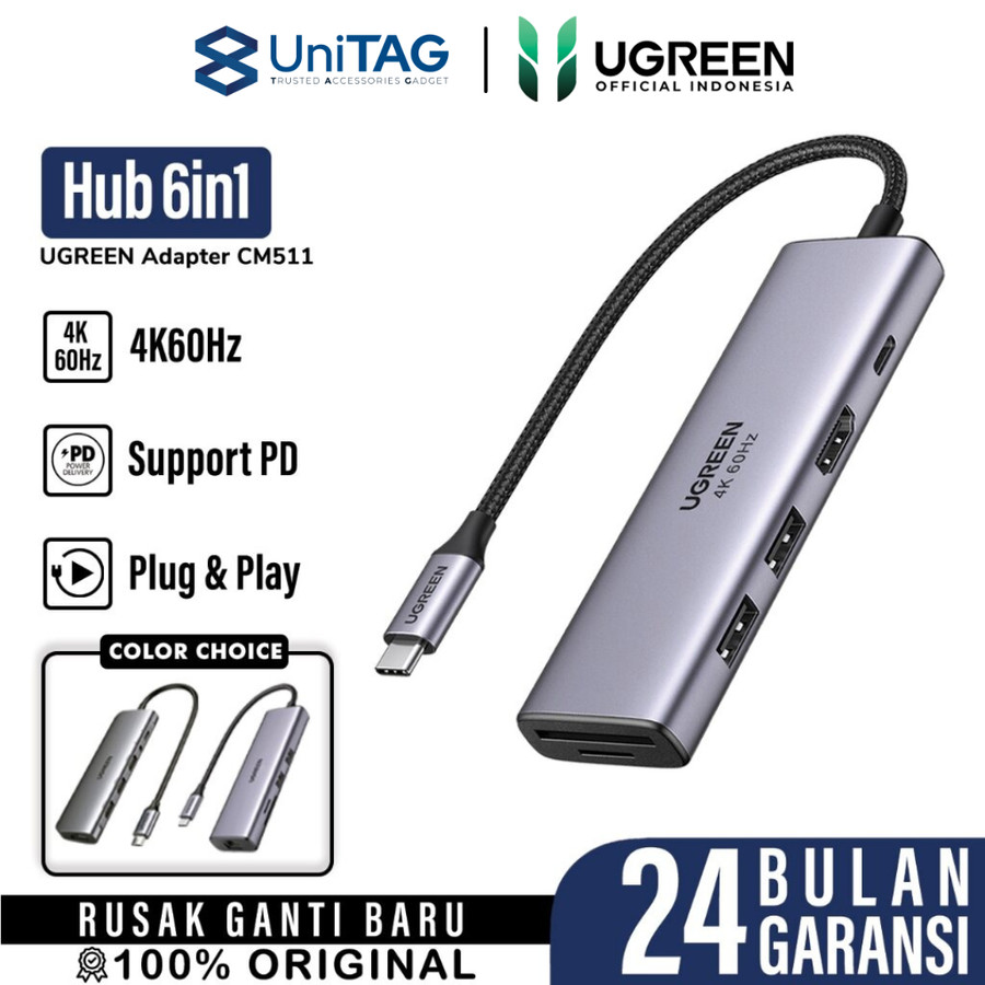 UGREEN Hub 6 in 1 USB C to 2A 1C 1HDMI 1SD 1TF Braided - Space Gray CM511 60384