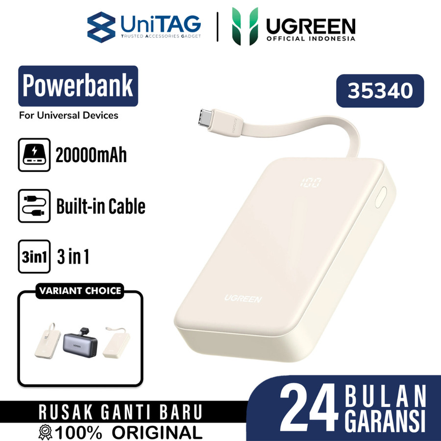 UGREEN Powerbank Built in Kabel Charger USB C 20000mAh 1A2C 20W - PB505 35340