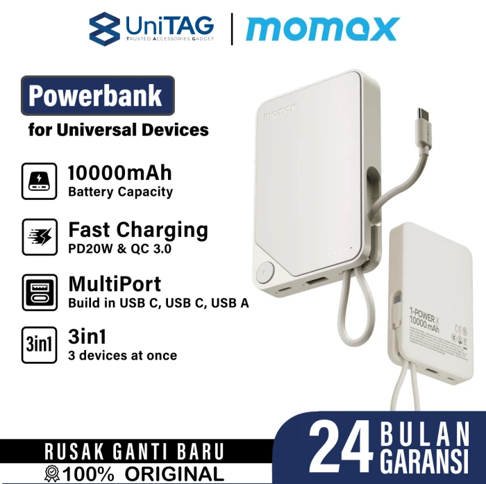 Momax Powerbank Built in Kabel Charger USB C 10000mAh 1-Power X - White IP152W