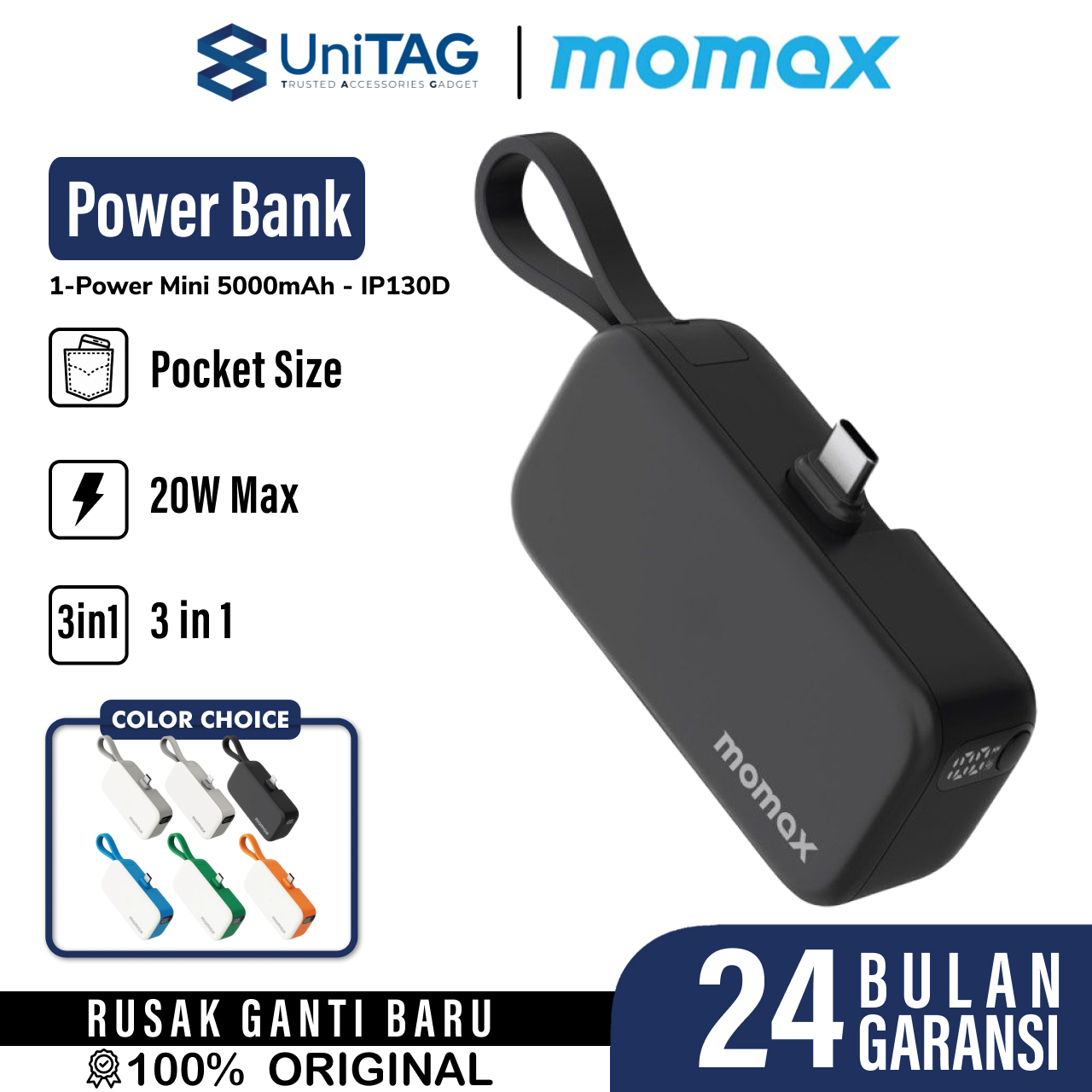 Momax Powerbank 3 in 1 1-Power Mini 5000mAh (+ 2 USB C Cable ) - Blue IP130B-1
