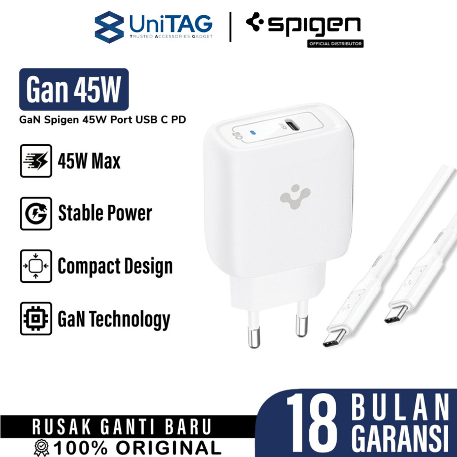 Spigen Wall Charger 45W 1C GaN + Kabel Charger USB C to USB C ArcStation Pro - White ACH02589