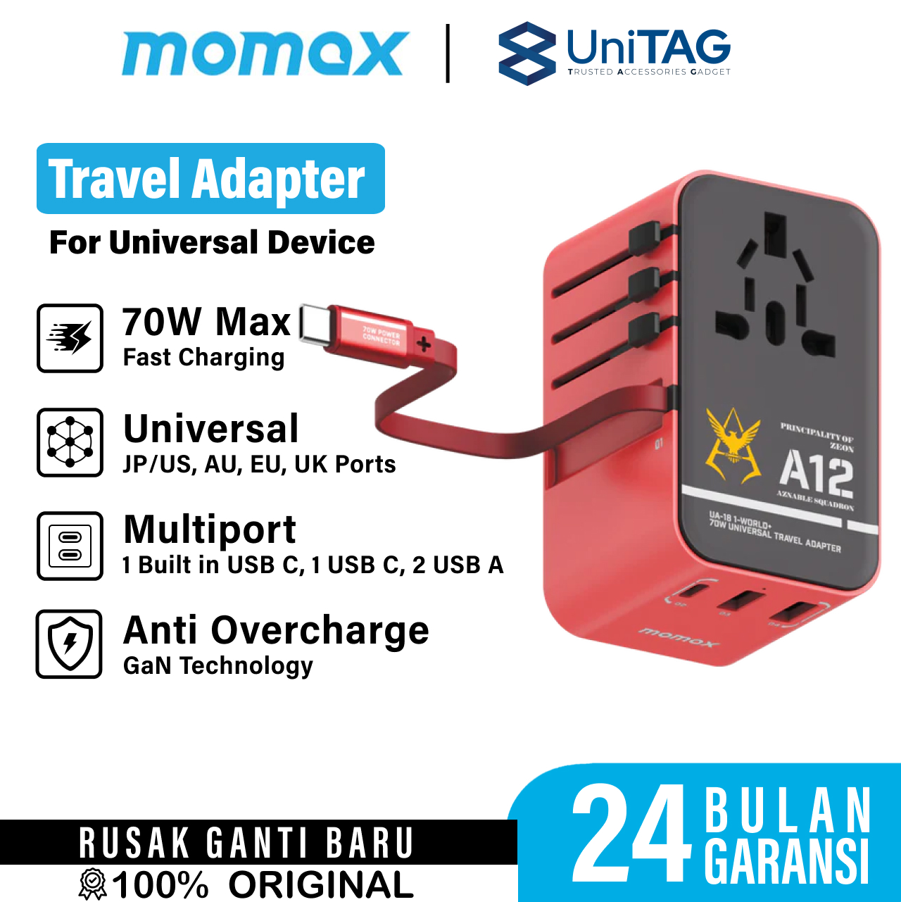 Momax Travel Adaptor 1-World+ 3-Port 2A 1C + Built-in USB C PD QC GaN 70W - Zaku Red UA18GDR