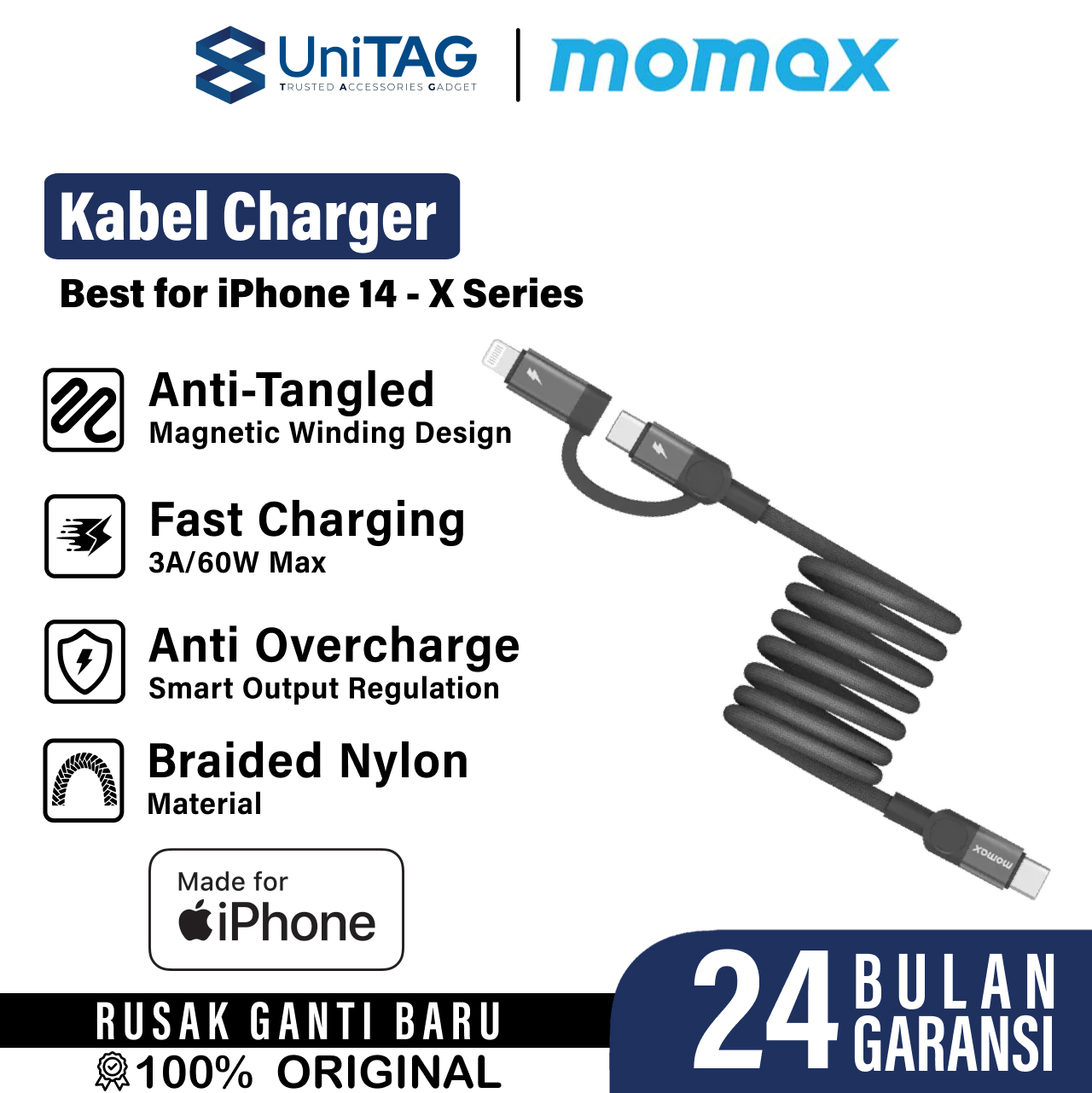 Momax Kabel Charger USB C - USB C + Lightning 60W Mag Link 2m - Black DL60D