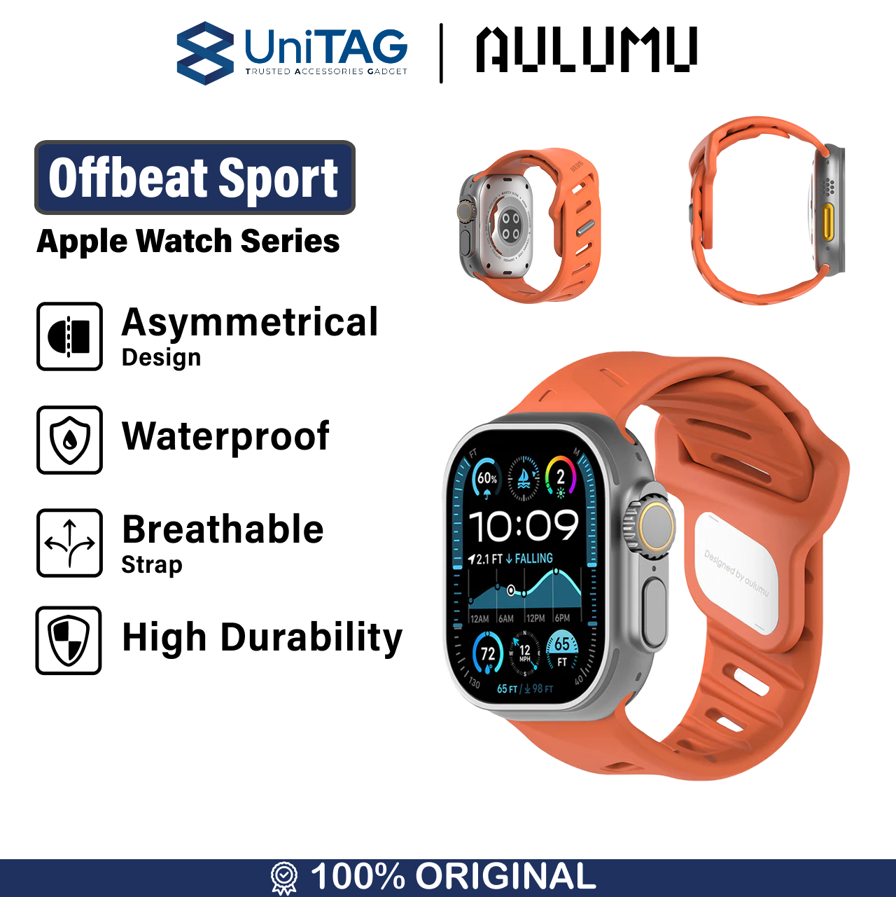 Aulumu Apple Watch 49mm / 46mm / 45mm / 44mm / 42mm (Series 3 / 2 / 1) Strap A02 Offbeat Sport Band - Red Orange A02-FKM-RO