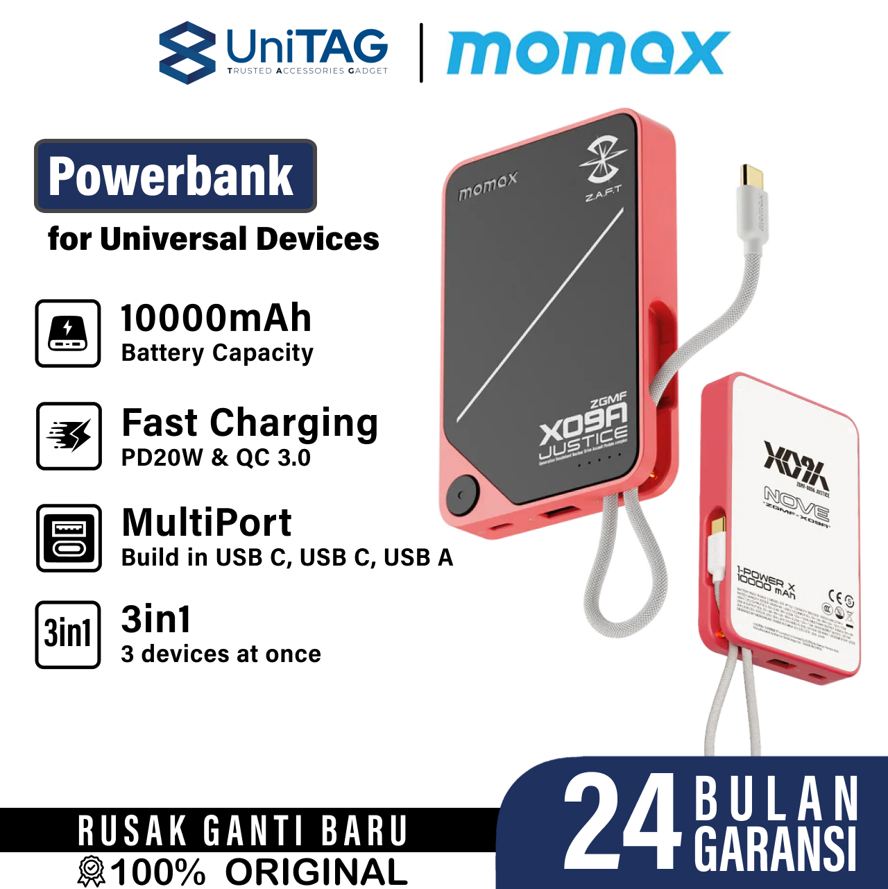 Momax Powerbank Built-in Kabel Charger USB C 10000mAh 1-Power X - Justice Red IP152GDR