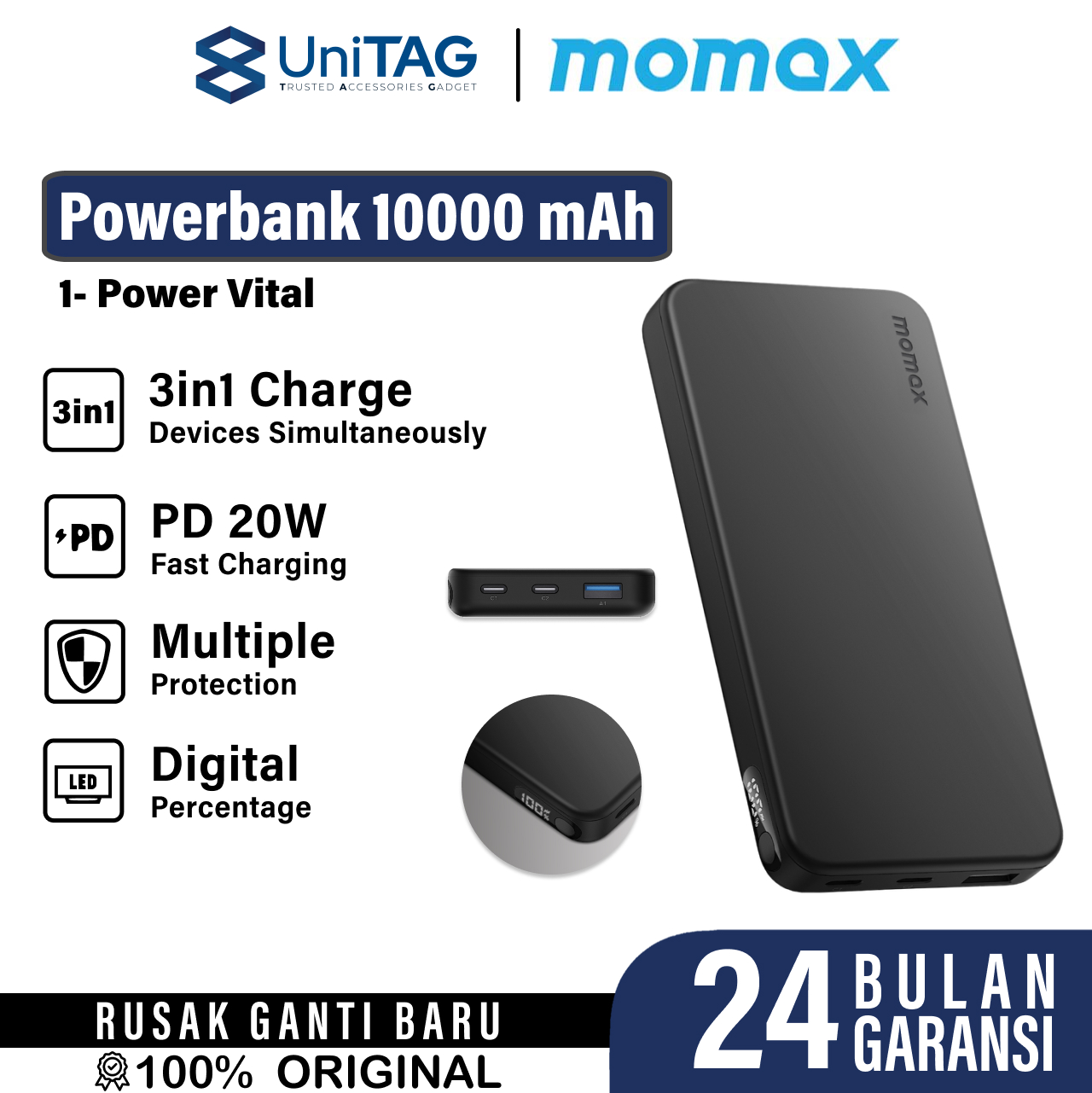 Momax Powerbank 10000mAh 1-Power Vital - Black IP155D
