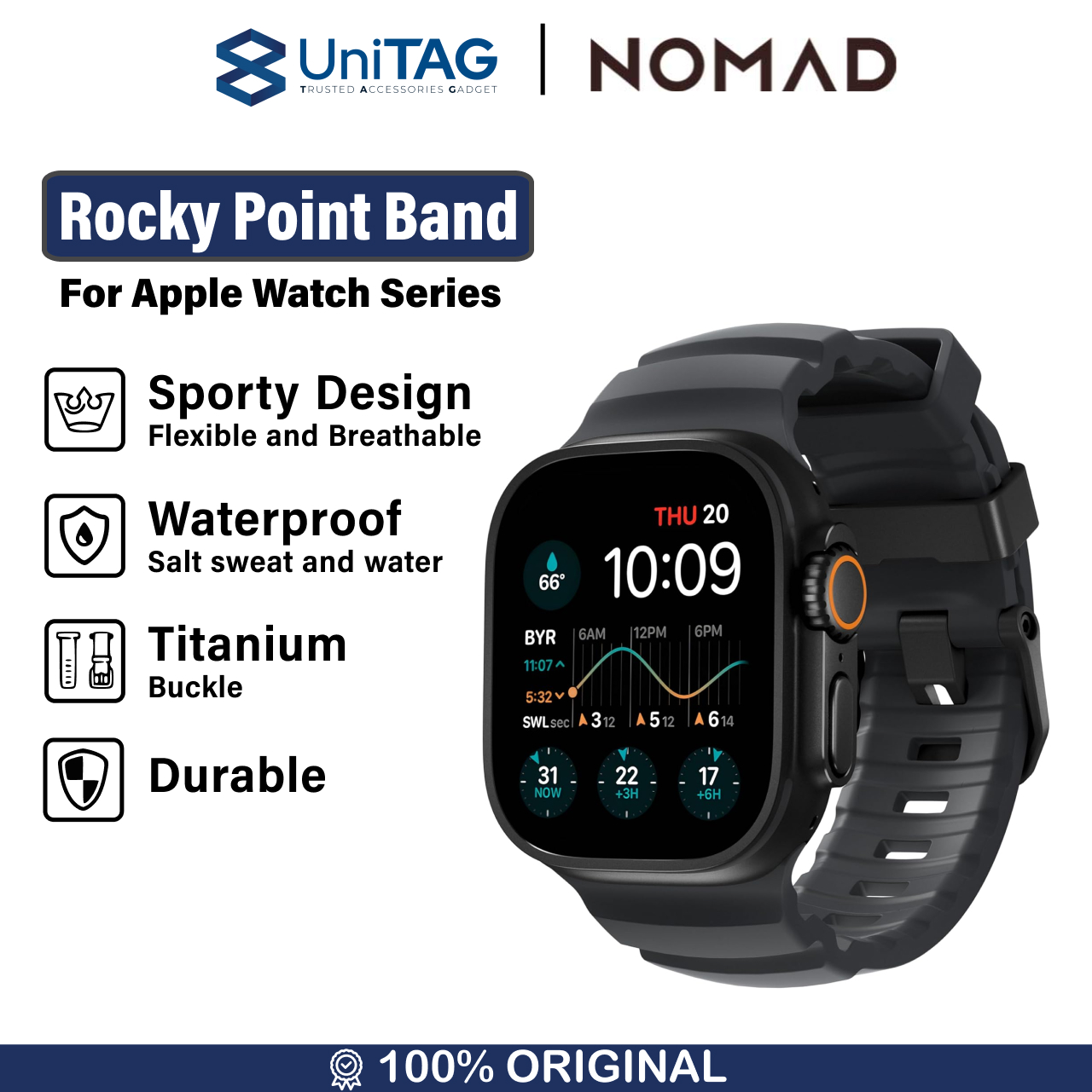 Nomad Apple Watch 49mm / 46mm / 45mm / 44mm / 42mm (Series 3 / 2 / 1) Strap Rocky Point Band - Storm Black Hardware NM014803858