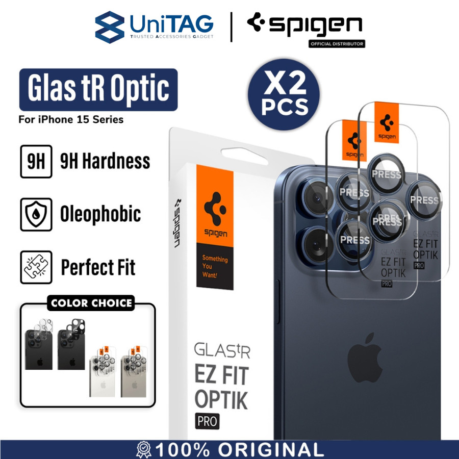 Spigen iPhone 15 Pro / 15 Pro Max Camera Lens Protector Camera Ring with Tray 2 Pack GlastR EZ Fit Optik Pro - Blue Titanium AGL07164-OLD