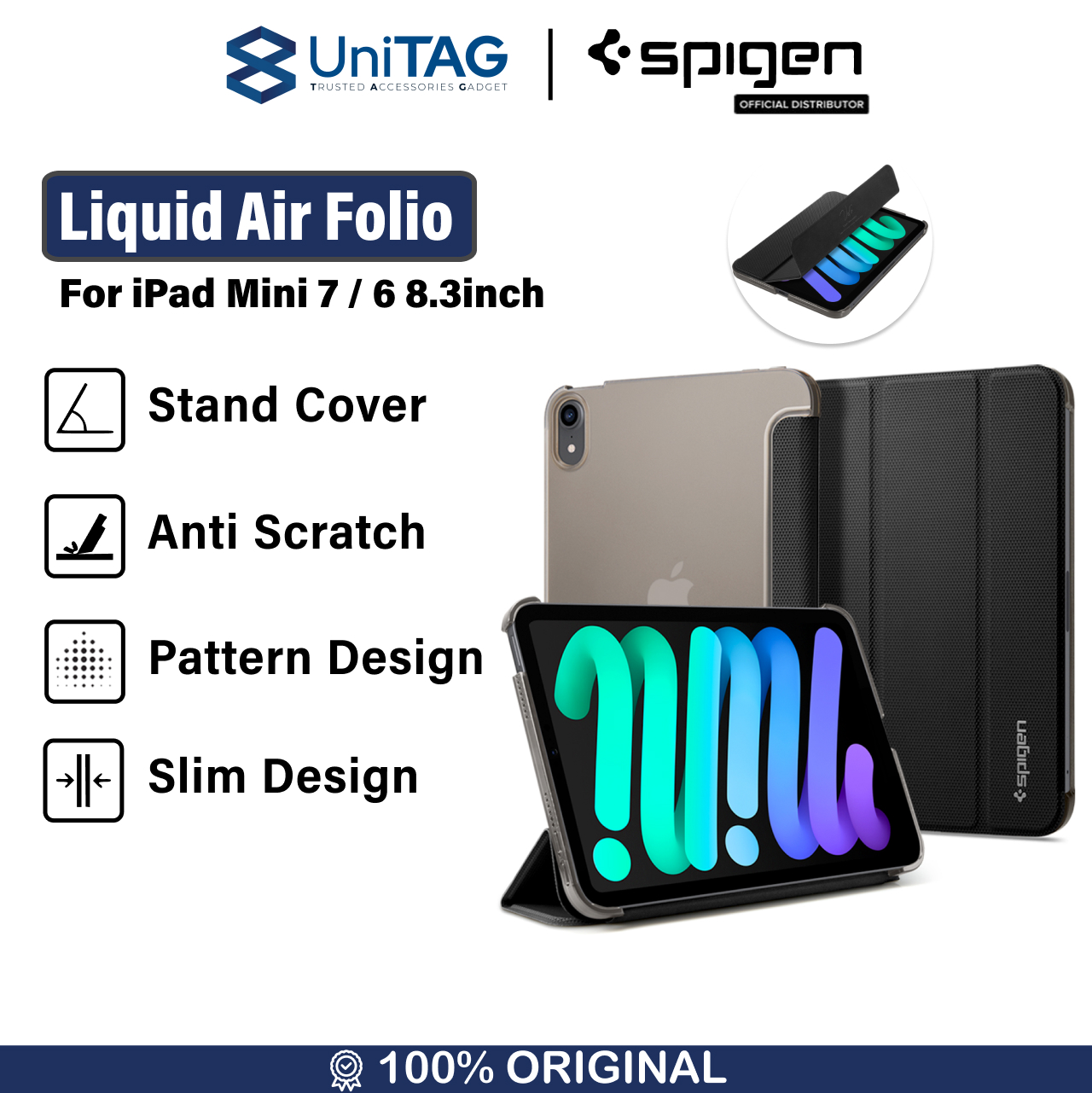 Case iPad Mini 7 / 6 8.3 inch 2024 Spigen Liquid Air Folio Stand Flip Anti Shock Crack Cover Casing