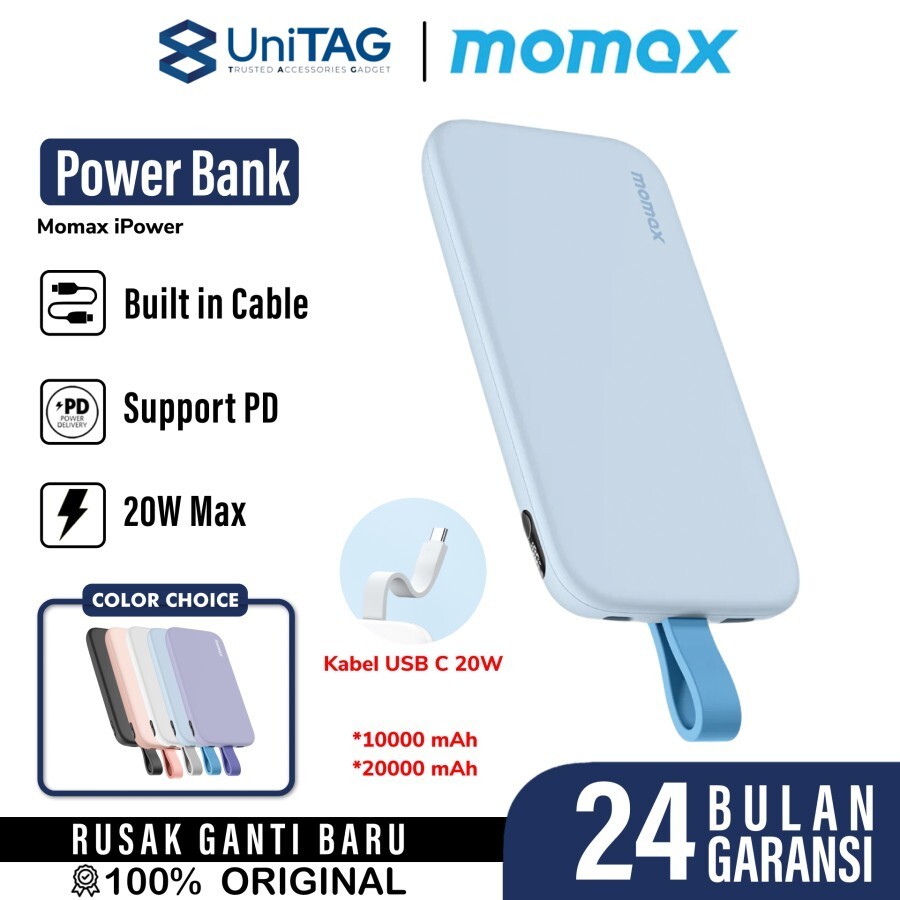 Momax Powerbank Built-in Kabel Charger USB C 10000mAh iPower PD 3 - Blue IP118B