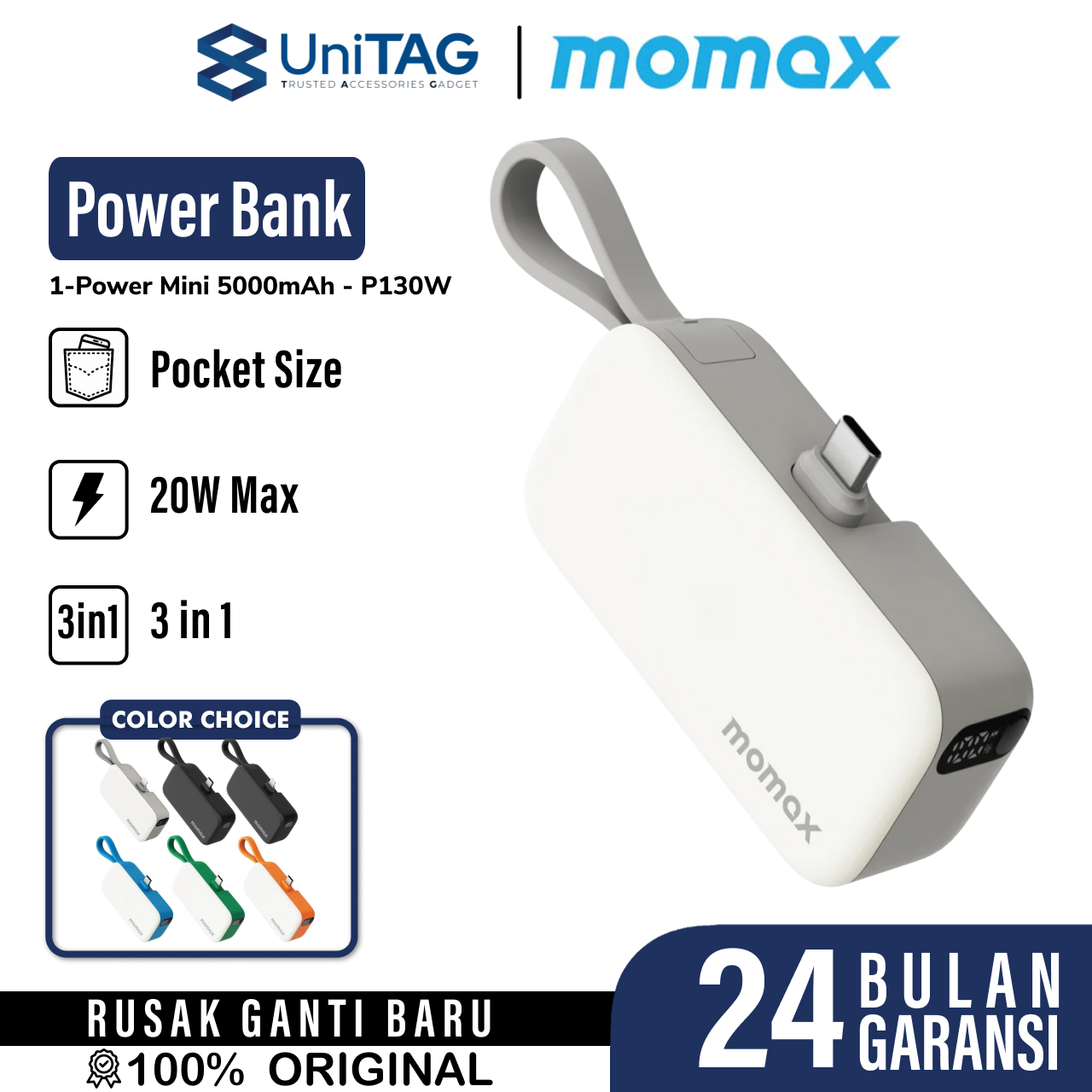 Momax Powerbank 3 in 1 1-Power Mini 5000mAh (+ 2 USB C Cable ) - Blue IP130B-1