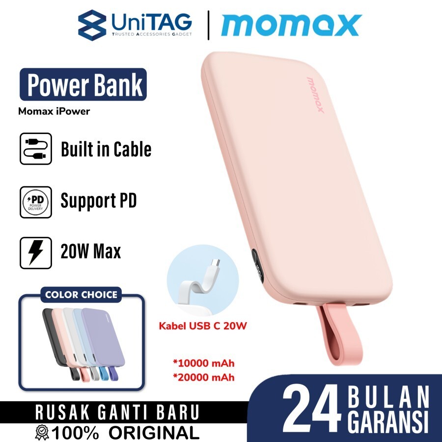 Momax Powerbank Built-in Kabel Charger USB C 10000mAh iPower PD 3 - Pink IP118P