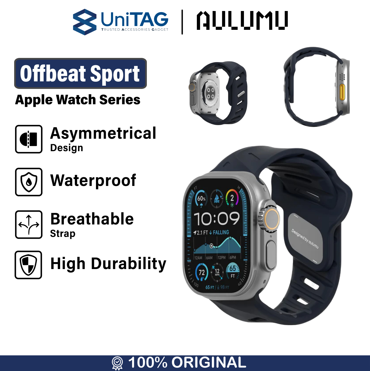 Aulumu Apple Watch 49mm / 46mm / 45mm / 44mm / 42mm (Series 3 / 2 / 1) Strap A02 Offbeat Sport Band - Dark Blue A02-FKM-DB
