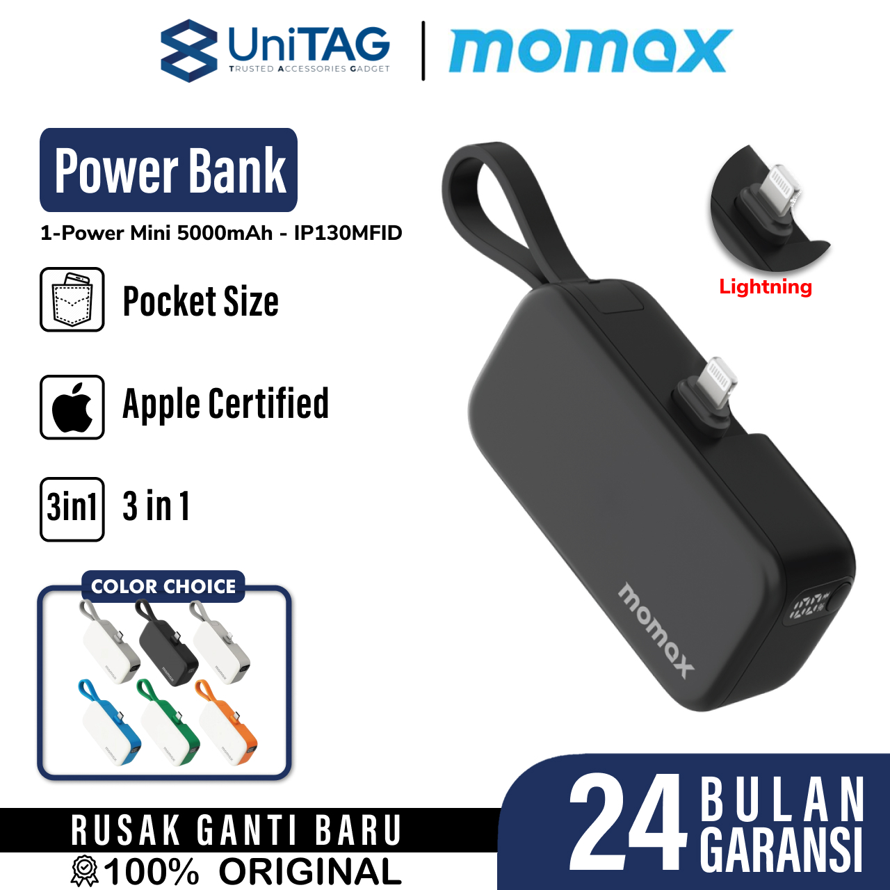 Momax Powerbank 3 in 1 1-Power Mini 5000mAh (+ USB C & Lightning Cable ) - Black IP130MFID