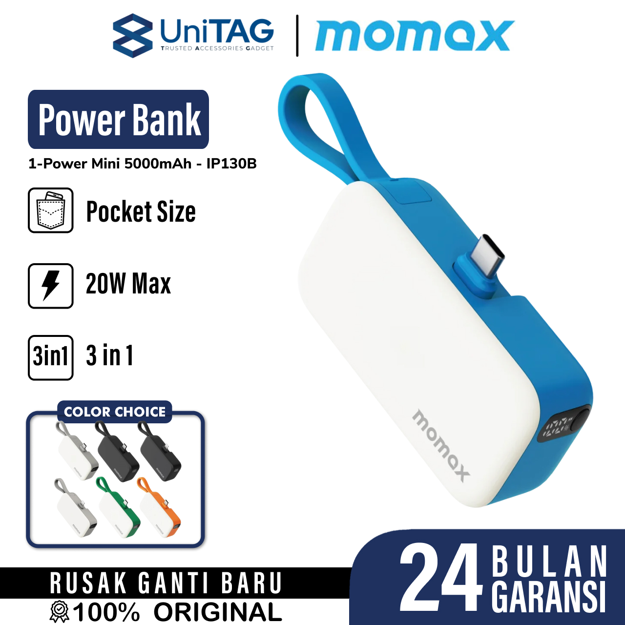 Momax Powerbank 3 in 1 1-Power Mini 5000mAh (+ 2 USB C Cable ) - Blue IP130B