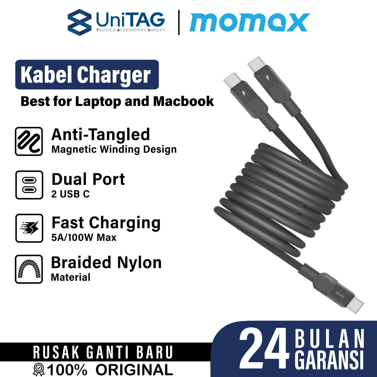 Momax Kabel Charger USB C - Dual USB C 100W Mag Link 2m - Black DC56D