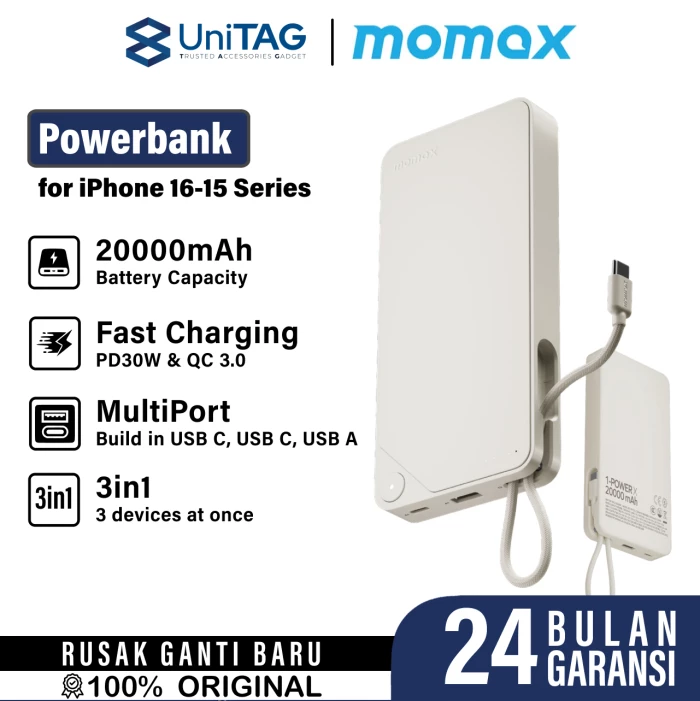 Momax Powerbank Built in Kabel Charger USB C 20000mAh 1-Power X1 - White IP153W