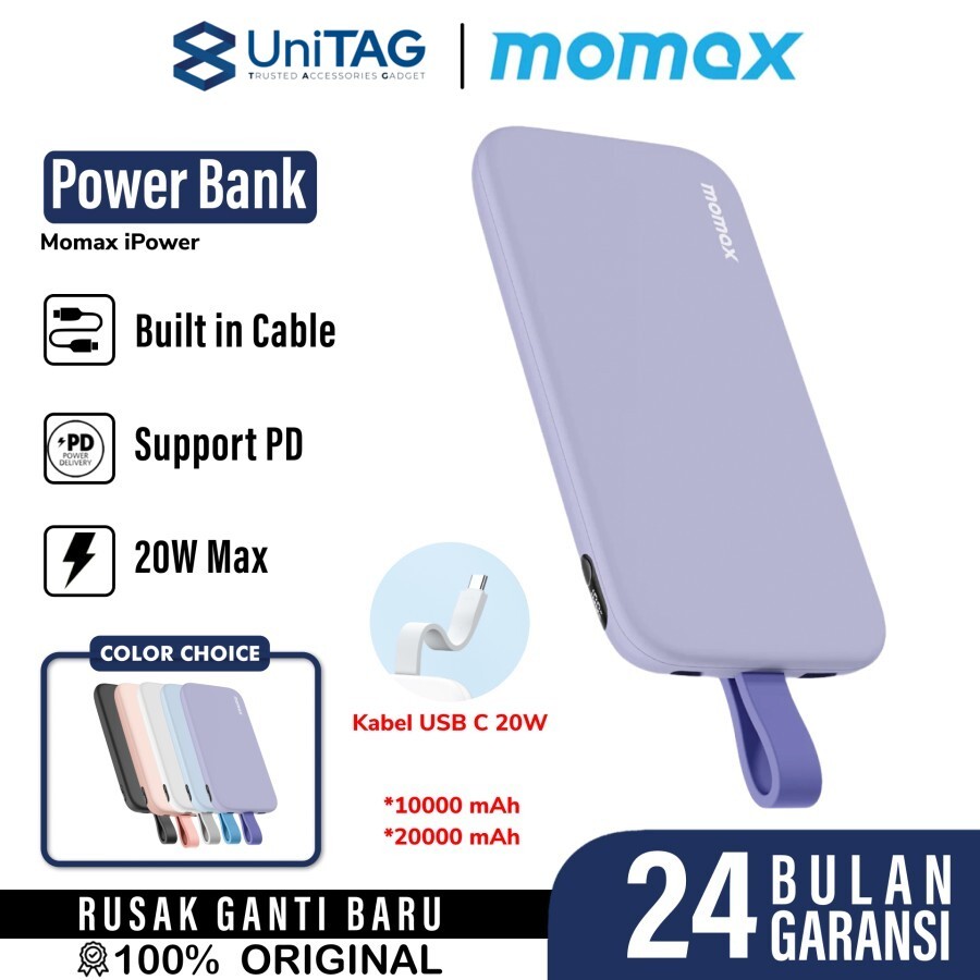 Momax Powerbank Built-in Kabel Charger USB C 10000mAh iPower PD 3 - Purple IP118U