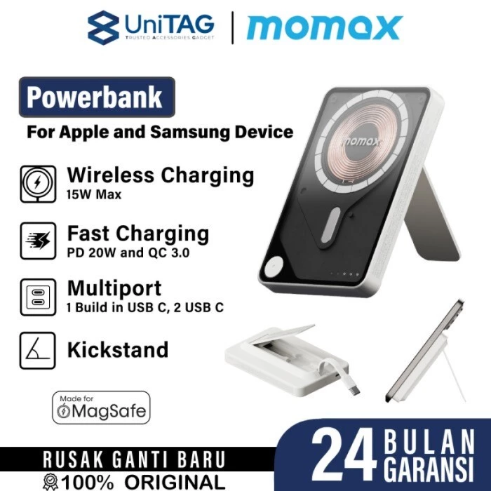 Momax Powerbank Magsafe Stand Built in Kabel Charger USB C 10000mAh 1-Power X Pro+ - White IP132HKW