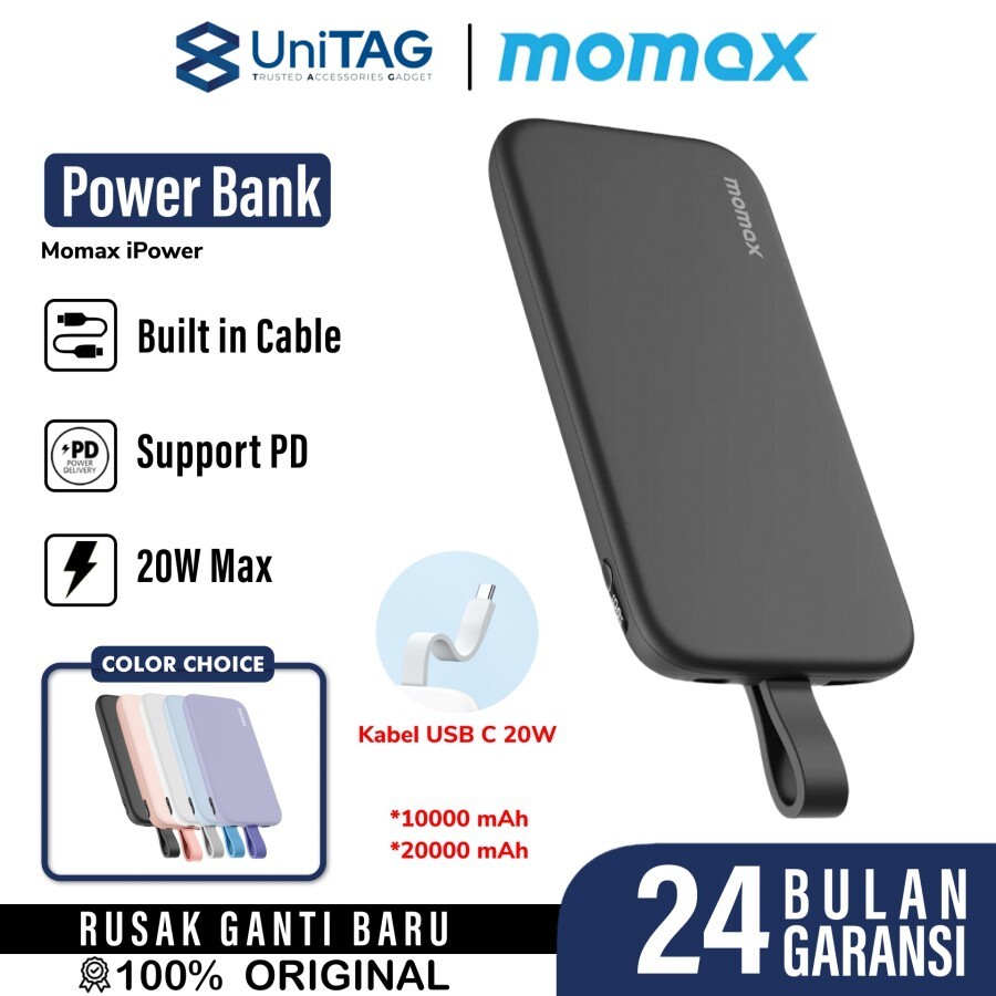 Momax Powerbank Built-in Kabel Charger USB C 10000mAh iPower PD 3 - Black IP118D