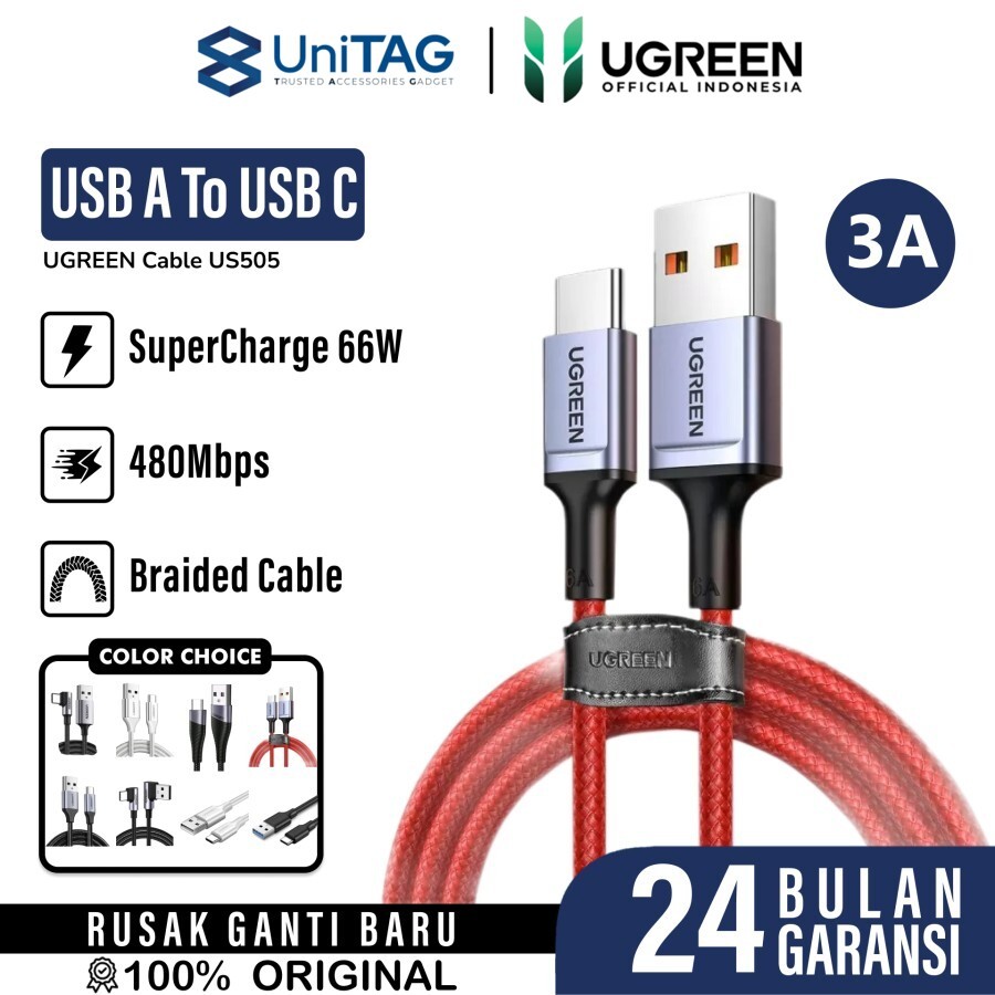 UGREEN Kabel Charger USB C - USB A 3A Braided 0.5m - White US288 60130