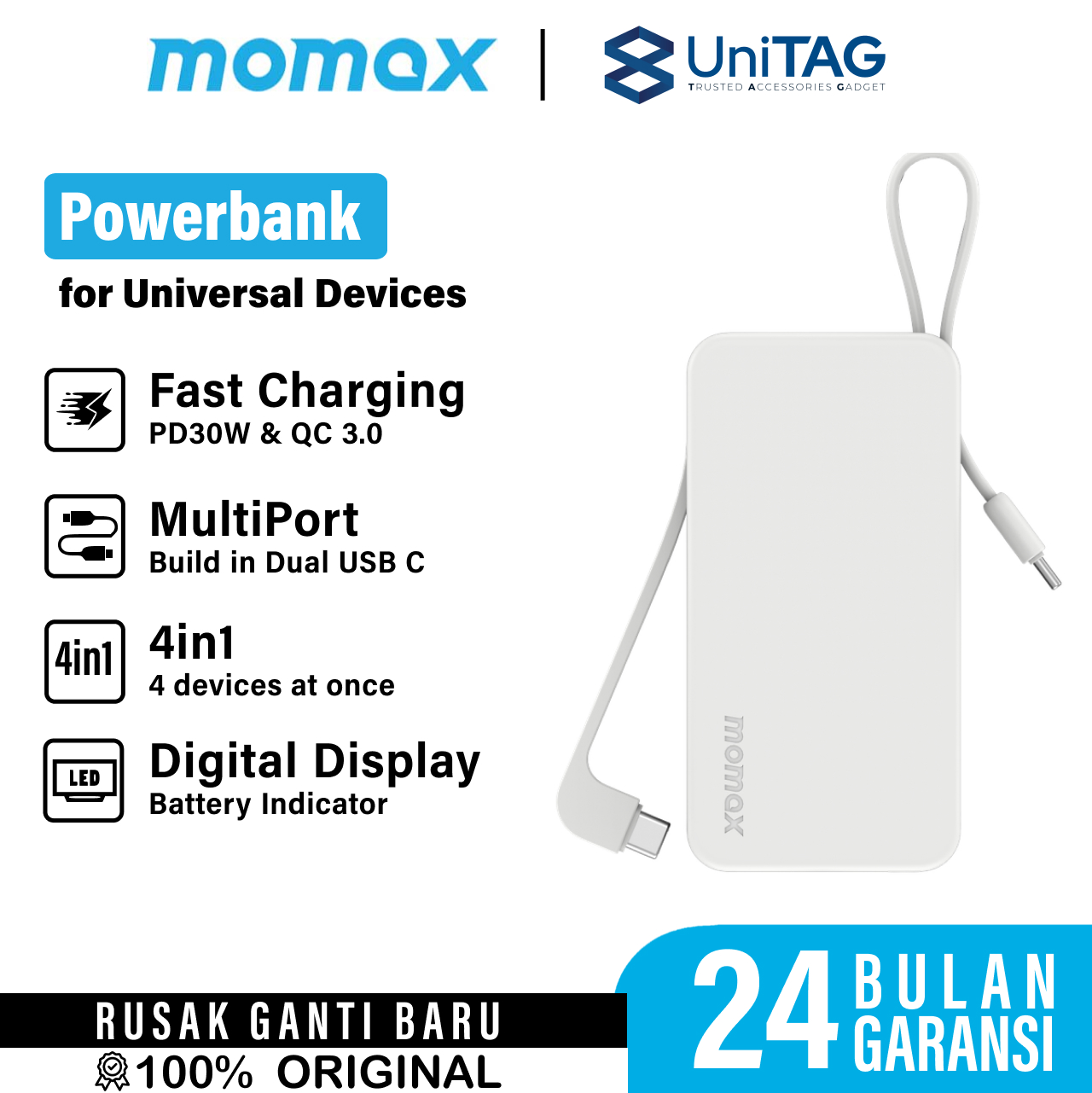 Momax Powerbank Dual Built-in USB C Cable 10000mAh 1-Power Vital+ - White IP138W