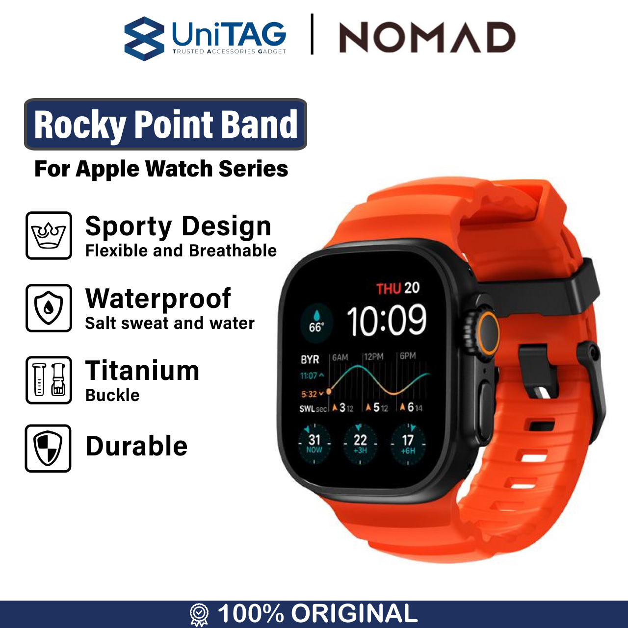 Nomad Apple Watch 49mm / 46mm / 45mm / 44mm / 42mm (Series 3 / 2 / 1) Strap Rocky Point Band - Magma Black Hardware NM014865858