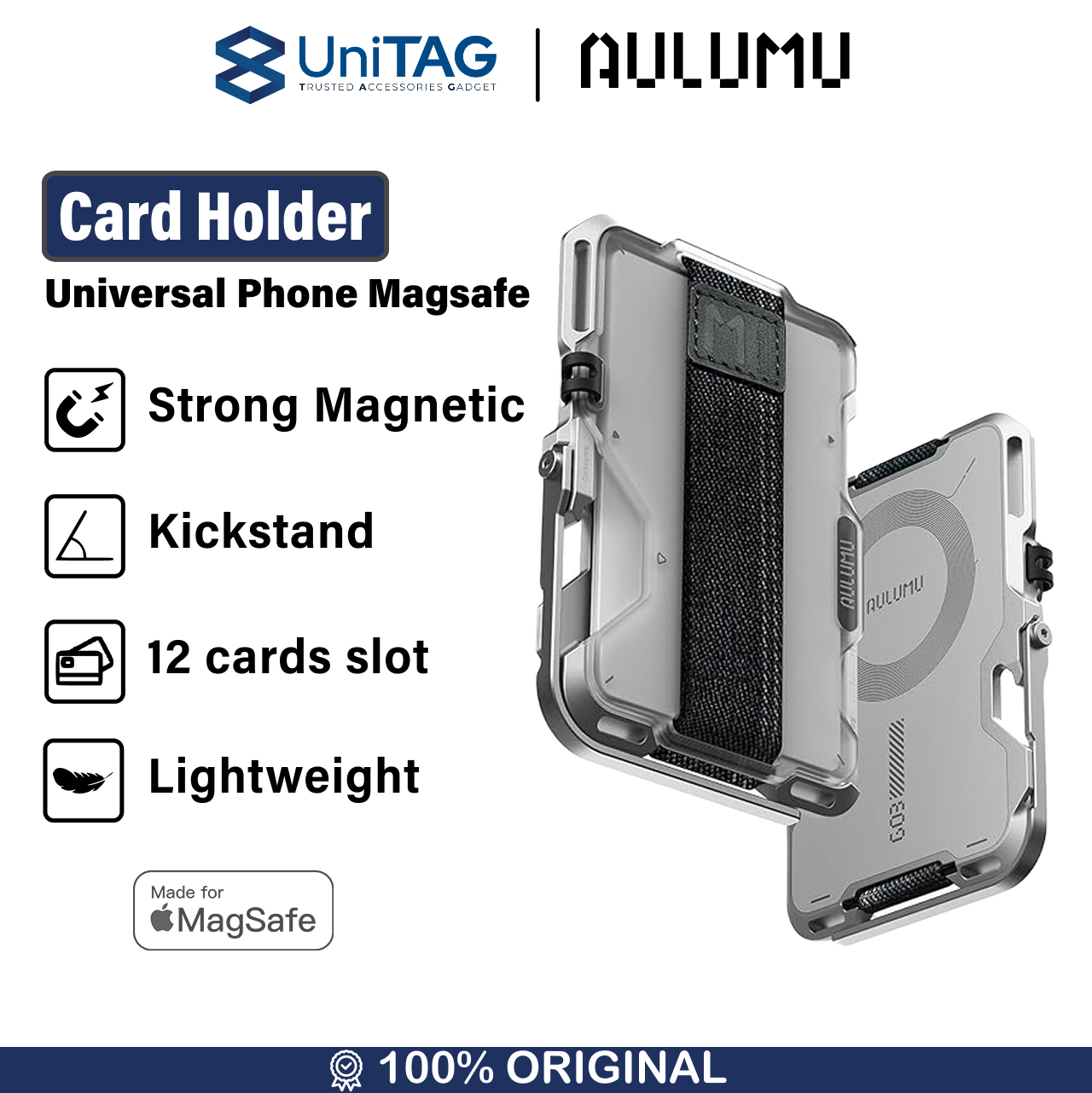 Aulumu Card Holder Magsafe Stand Multi-tool Metal Wallet - White UA-G03-TW