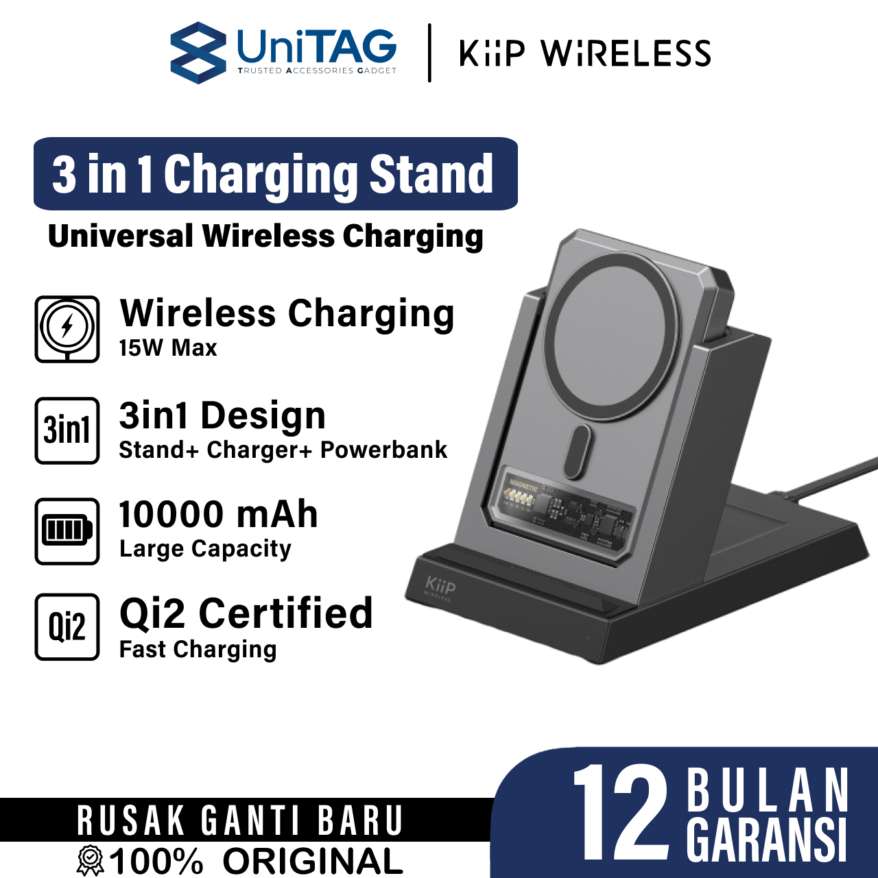 KiiP Powerbank Magsafe + Charging Base EW54S 3 in 1 Magsafe Stand 10000mAh 15W KP-ACWC-EW54S-BK-1
