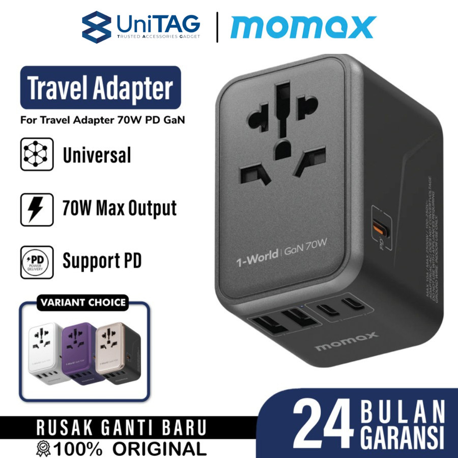 Momax Travel Adaptor 1-World Universal 5-Port 2A 3C PD QC GaN 70W - Black UA8AD