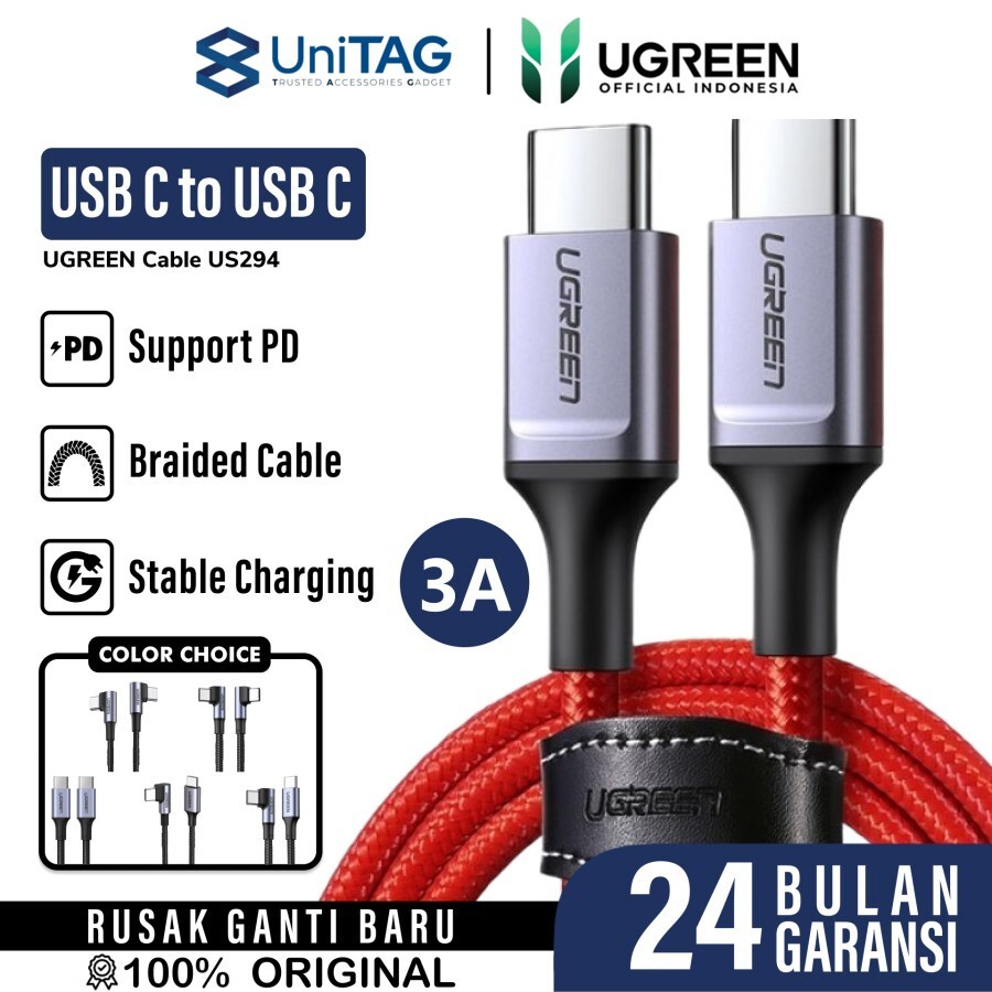 UGREEN Kabel Charger USB C - USB C 3A 60W Braided 1m - Red US294 60186