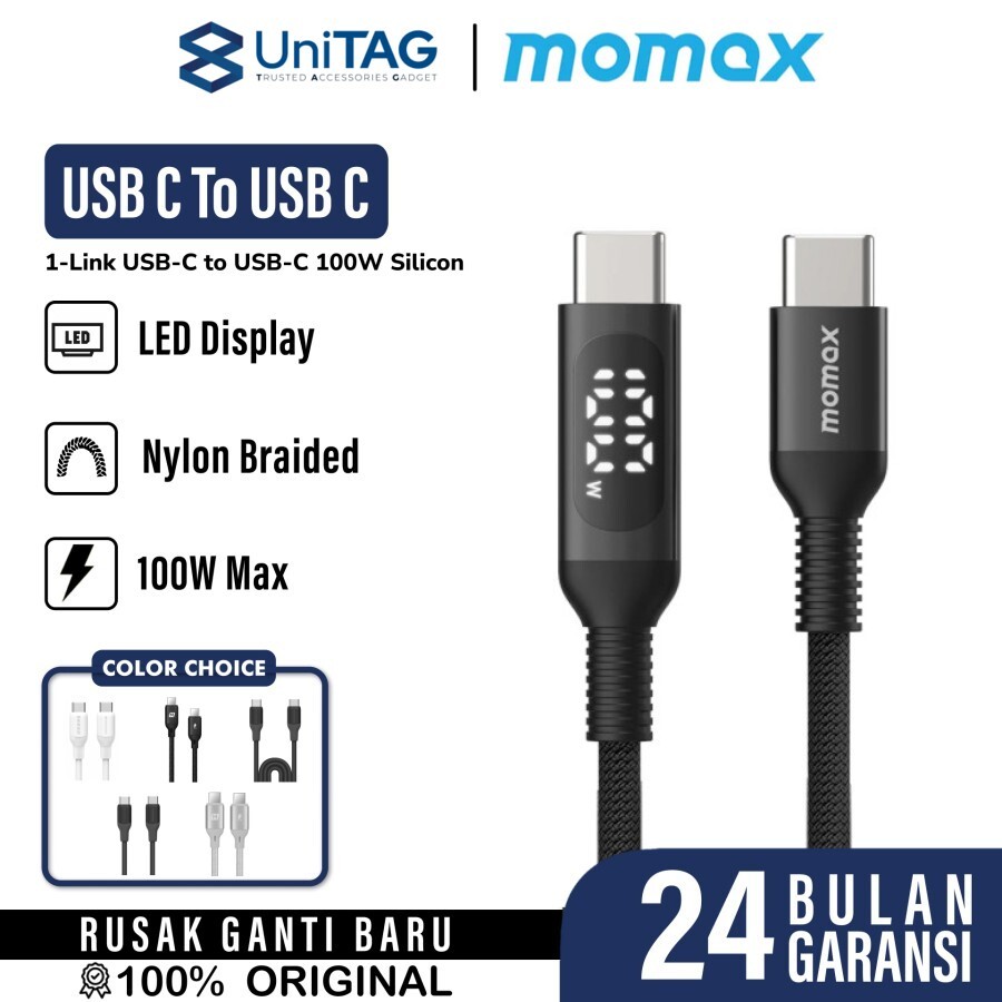 Momax Kabel Charger USB C - USB C 100W Braided LED Elite Link 1.2m - Black DC22D