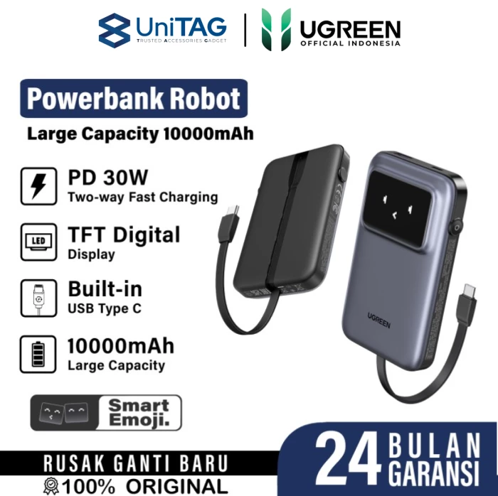 UGREEN Powerbank Built in Kabel Charger USB C 1A 1C 10000mAh 30W Uno - Gray PB511 35603B